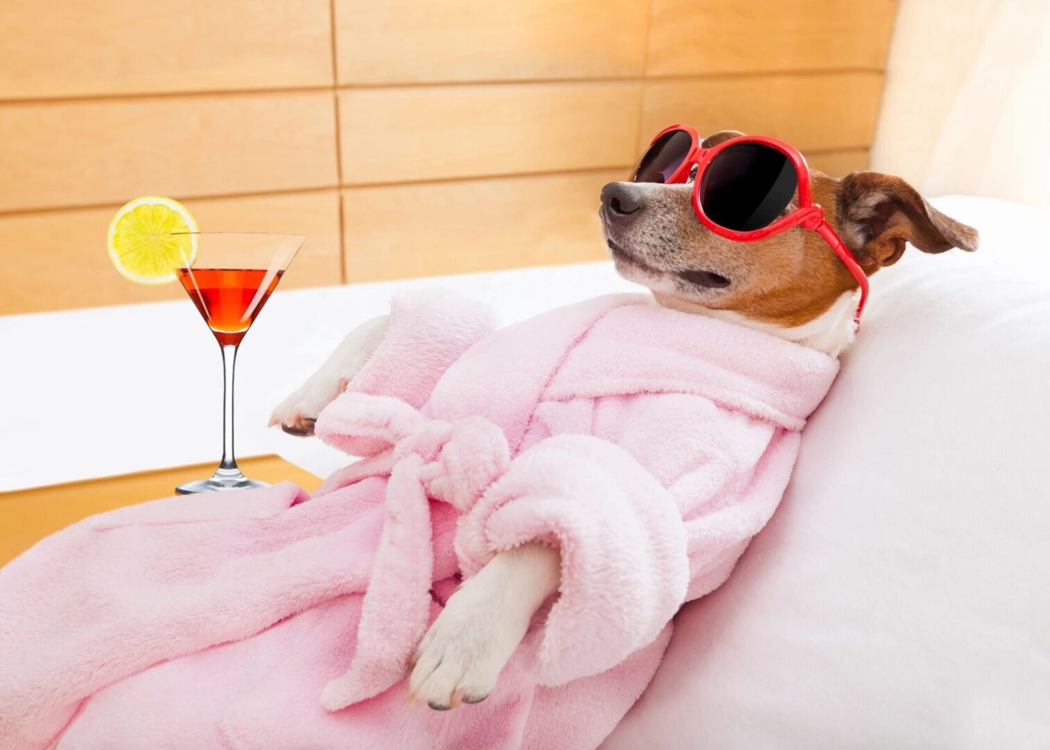 A dog in a pink robe and sunglasses laying on its back.